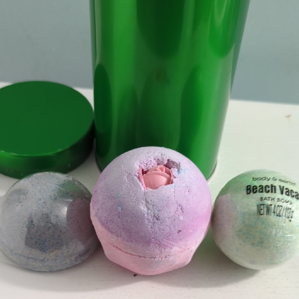 Bath Bomb Trio - Lush, Pink, Blue, Beach Vacay, Green with Green Tin Storage